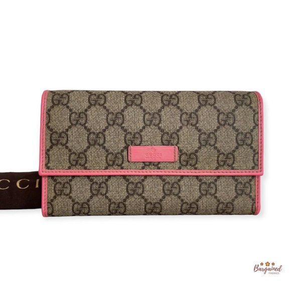 Authentic GUCCI Brown/Pink GG Plus Monogram Continental Flap Tri-fold Wallet - Picture 1 of 13